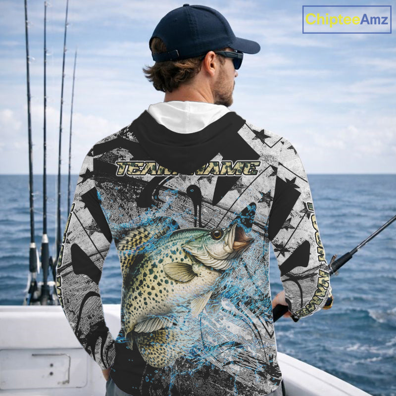 Custom American Flag Crappie Fishing Shirts Long Sleeve with Hood, Crappie Patriotic Fishing Shirt NBT471