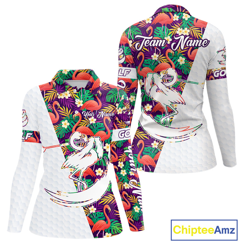 Women Golf Polo Shirts Colorful Floral Flamingo Pattern Tropical Leaves Custom Name Team Golf Shirts NBT524
