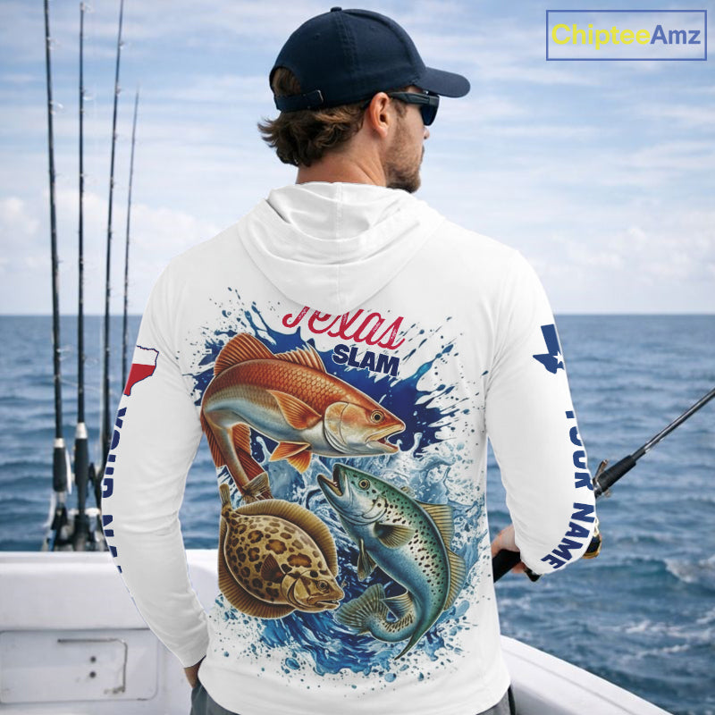 Texas Slam Fishing Trout, Redfish, Flounder Long Sleeve Hooded Fishing Shirts, Texas Flag Fishing Jerseys NBT445