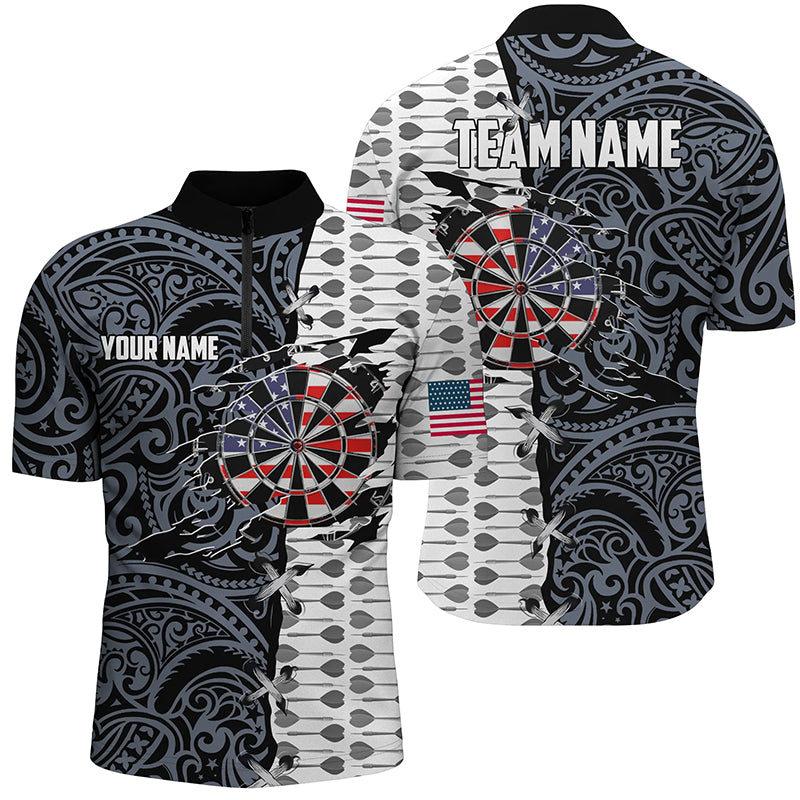 Split Tribal American Flag Darts Quarter-Zip Shirts Custom Patriotic Darts Shirt For Men LDT0819