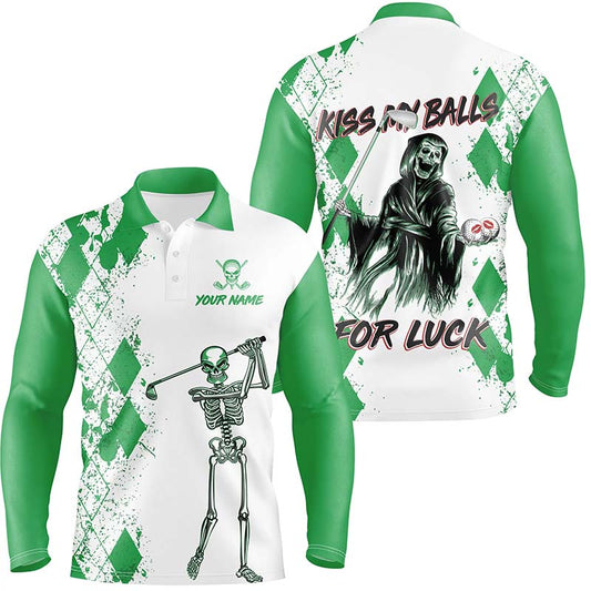 Mens Kiss My Balls Golf Polo Shirts Skeleton Green Argyle Scary Halloween Golf Shirts For Men LDT0324