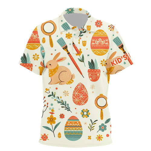 Colorful Easter Eggs & Bunnies Kids Golf Polo Shirts Custom Easter Funny Golf Tops For Kid Golf Gifts LDT1333