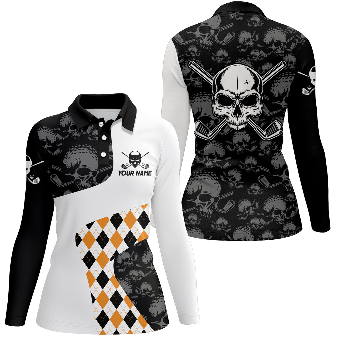 Halloween Orange Argyle Pattern Golf Polo Shirt Skull Golf Shirts For