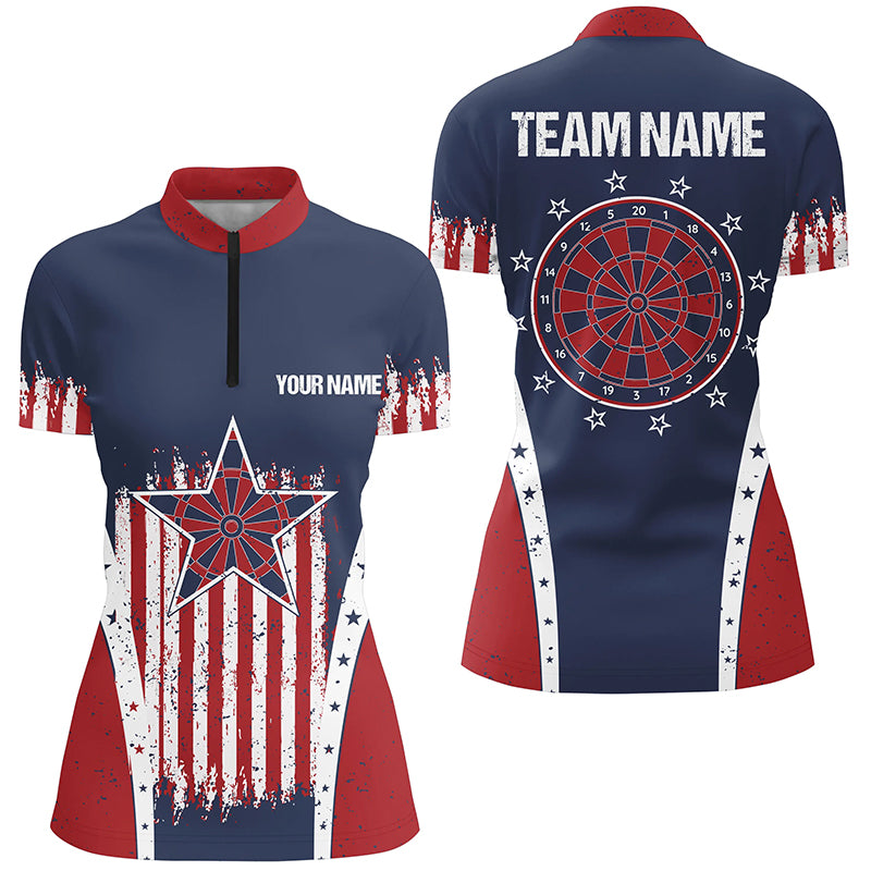 Retro American Flag Darts Quarter Zip Shirt Personalized Patriotic Darts Jersey For Women LDT0340