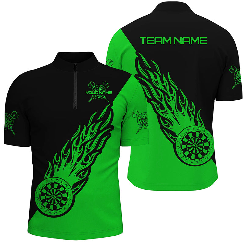 Personalized Green Black Flame Darts Quarter Zip Shirt Darts Shirt For Men Dart Jerseys LDT1343