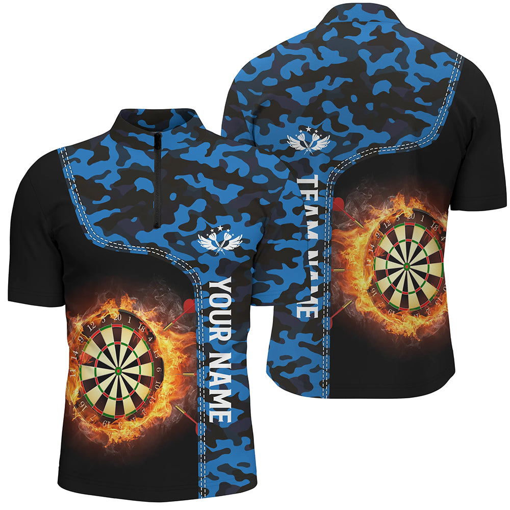 Blue Camo Flame Darts Board Mens Quarter Zip Shirt Custom Darts Shirt For Men Dart Jerseys LDT1238