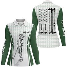 Load image into Gallery viewer, Green Argyle American Flag Patriotic Golf Polo Shirts Custom Skull Golf Shirts For Women LDT0292
