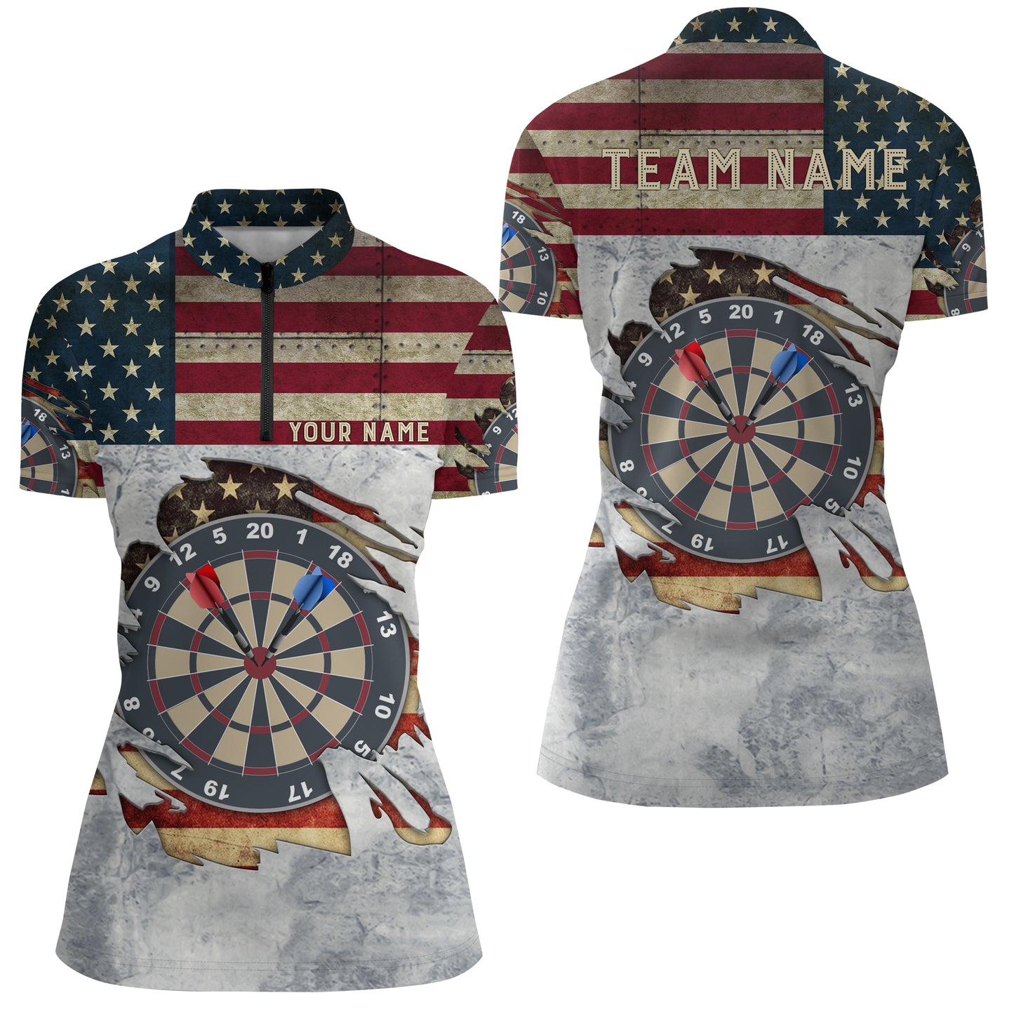 Retro American Flag Darts Quarter Zip Shirt Custom Name Patriotic Darts Jerseys For Women LDT0319