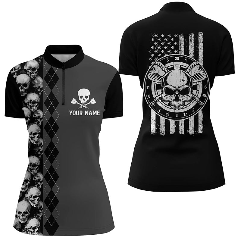Black Grey Argyle Skull Darts Quarter-Zip Shirt American Flag Patriotic Women Darts Jersey LDT0382