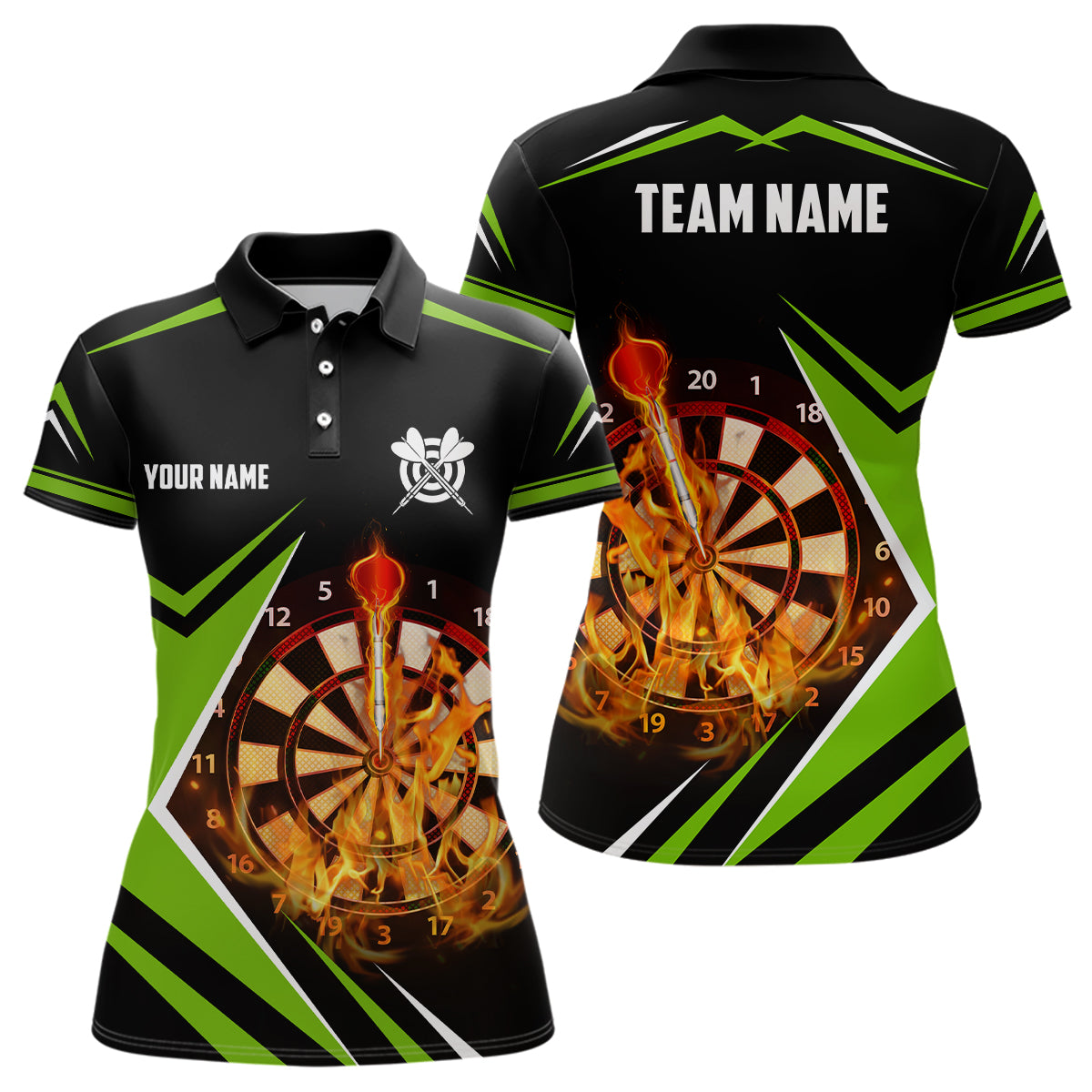 Black Green Fire Flame Womens Darts Polo Shirt Custom Darts Shirt For Women Dart Jerseys LDT1389