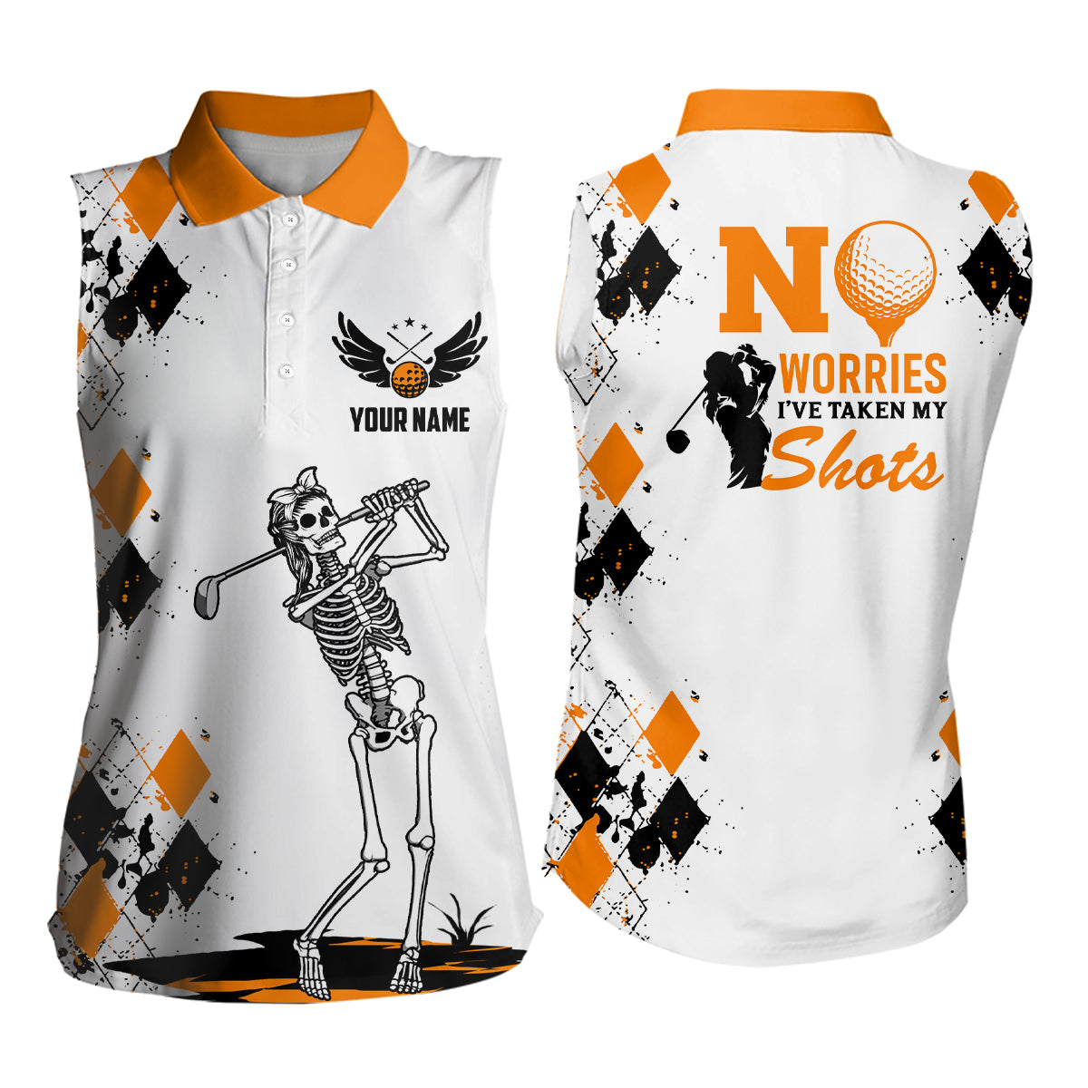 Skull Womens Sleeveless Polo Shirt Argyle Pattern Orange Golf Shirts F