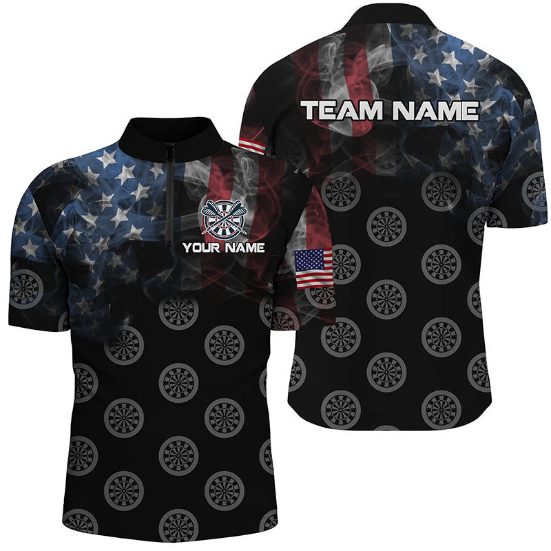 Personalized Smoke US Flag Dart Quarter-Zip Shirts, Patriotic Darts Shirts For Men Dart Jerseys VHM1103