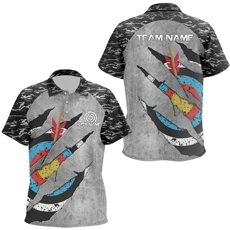 Personalized Retro Camo Target Archery 3D Polo Shirts For Kids, Custom US Flag Archery Jerseys VHM0555