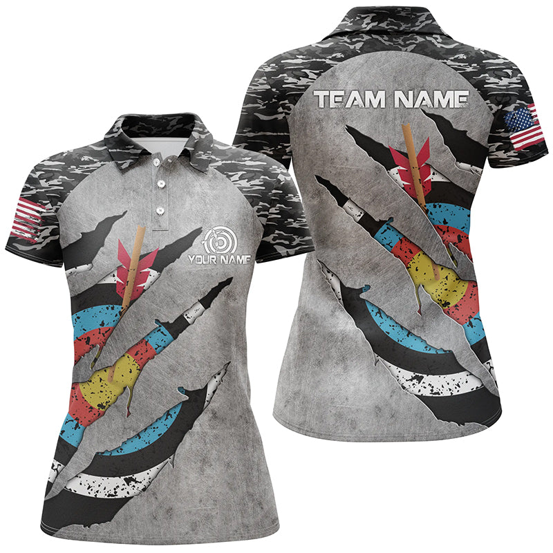 Personalized Retro Camo Target Archery 3D Polo Shirts For Women, Custom US Flag Archery Jerseys VHM0555