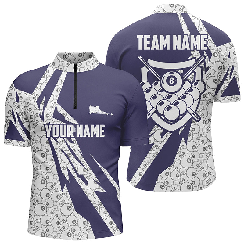 Personalized 8 Ball Pattern Purple White Billiard Quarter-Zip Shirts For Men, Billiard Balls Shirts VHM0463