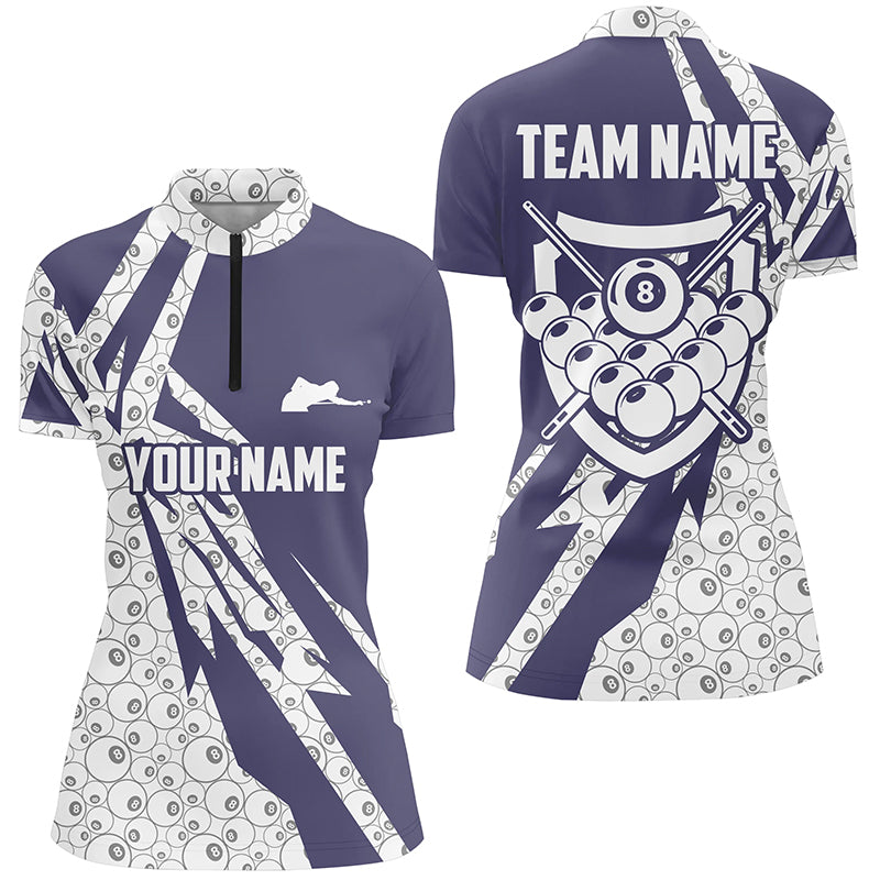 Personalized 8 Ball Pattern Purple White Billiard Quarter-Zip Shirts For Women, Billiard Balls Shirts VHM0463