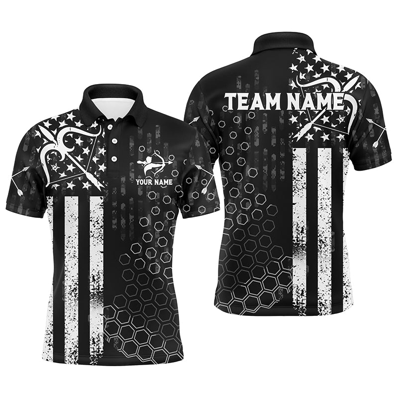 Personalized BW American Flag Archery Polo Shirts For Men, Custom Bows And Arrows Archery Shirts VHM0716