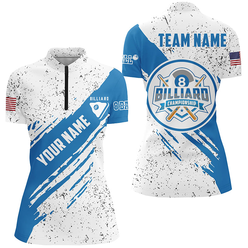 Personalized 8 Ball Pool Blue White Billiard Quarter-Zip Shirts For Women, US Flag Billiard Jerseys VHM0565