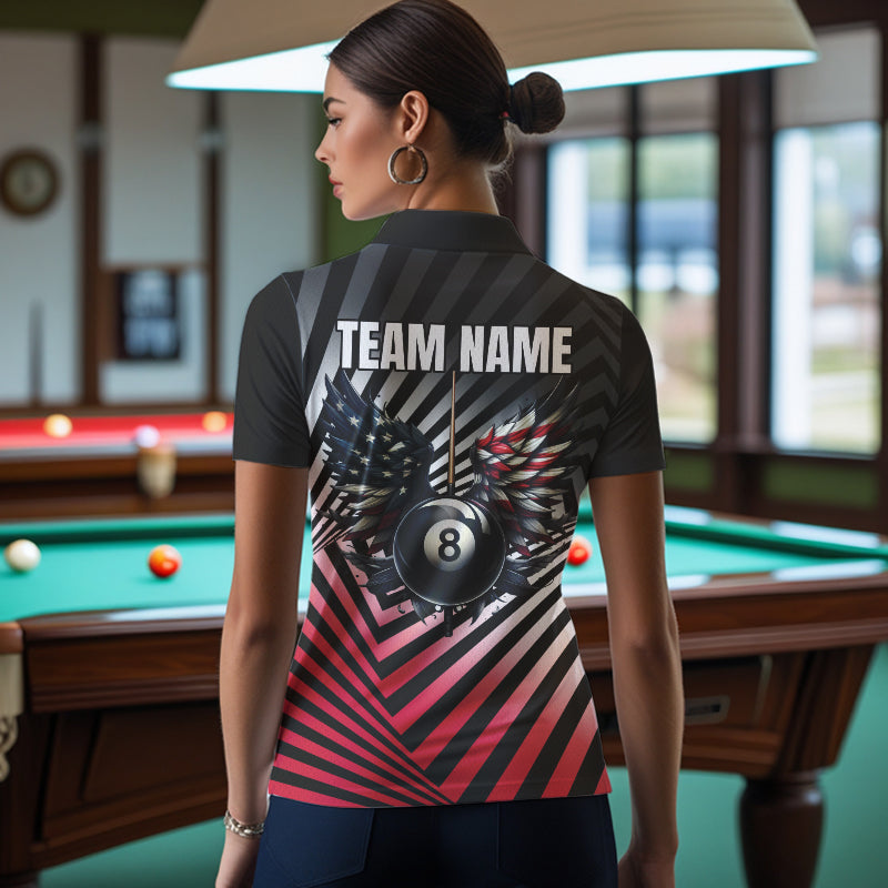 Personalized Fire 8 Ball Pool Billiard Shirts For Women, US Flag 8 Ball Pool Swing Billiard Jerseys VHM1203