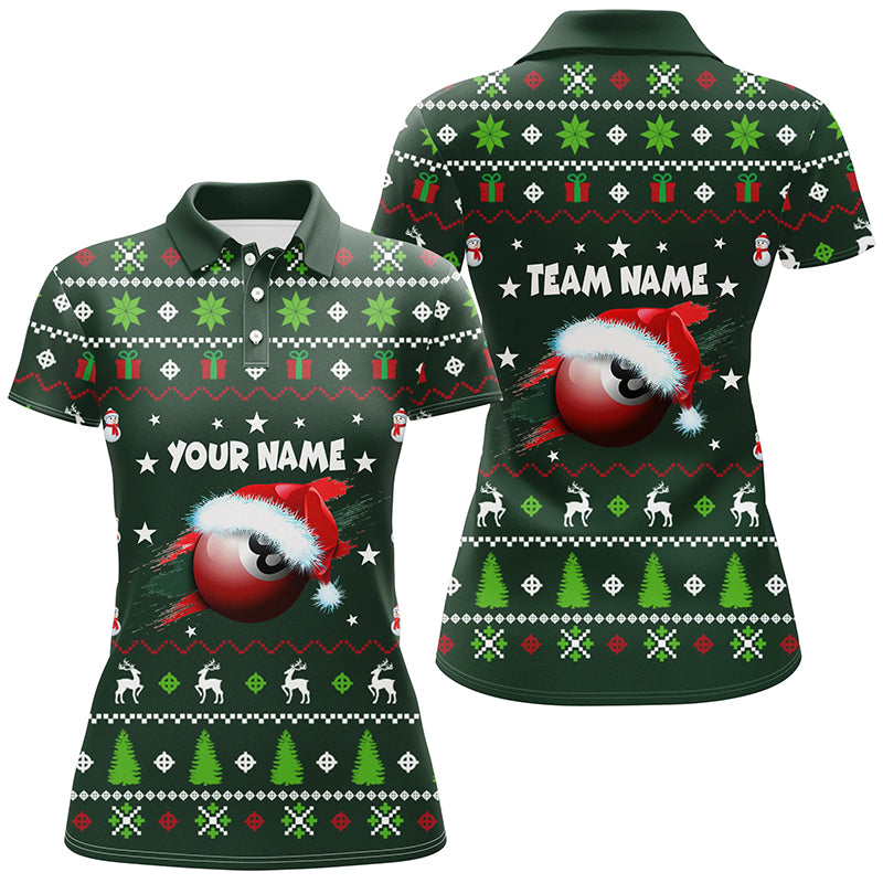 Personalized Green Red Christmas 8 Ball Billiard Polo Shirts For Women, Christmas Billiards Jerseys VHM0628