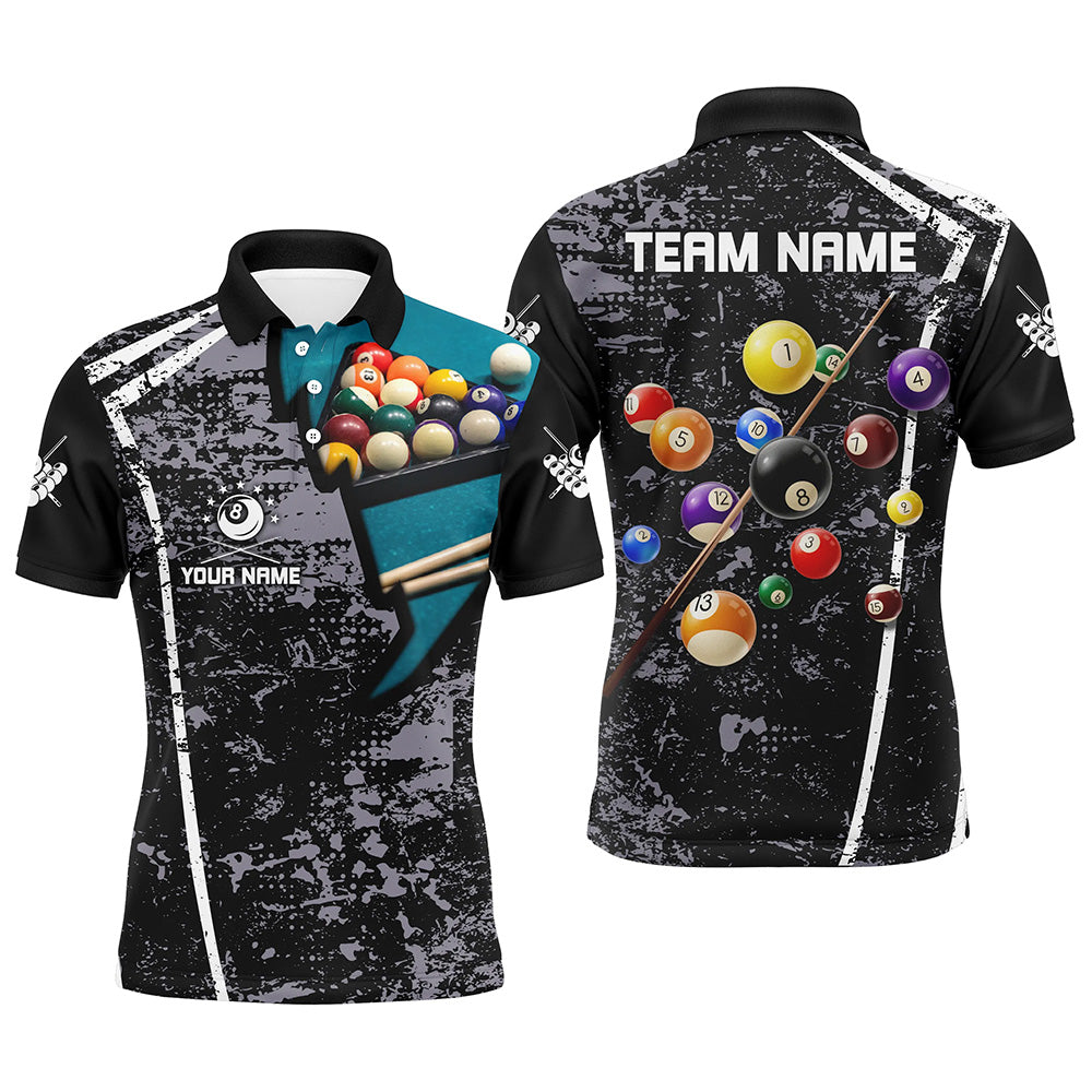 Personalized Grey Grunge Billiard Polo Shirts For Men, Custom 3D Pool Balls Billiard Jerseys VHM0739