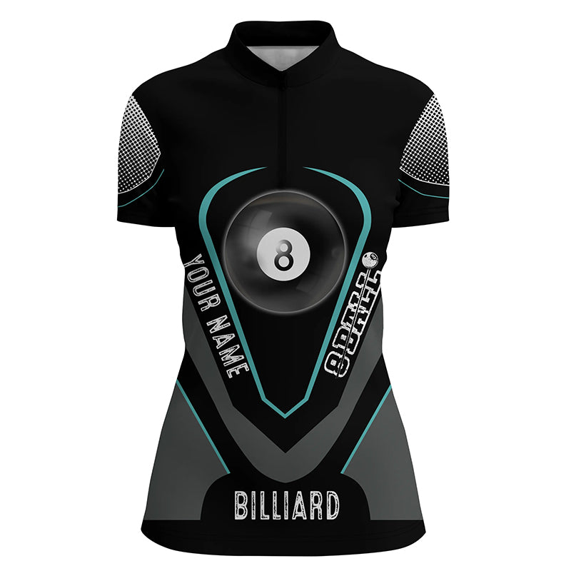Personalized Style Black Blue 8 Ball Billiard 3D Quarter-Zip Shirts For Women, 8 Ball Pool Jerseys VHM1065