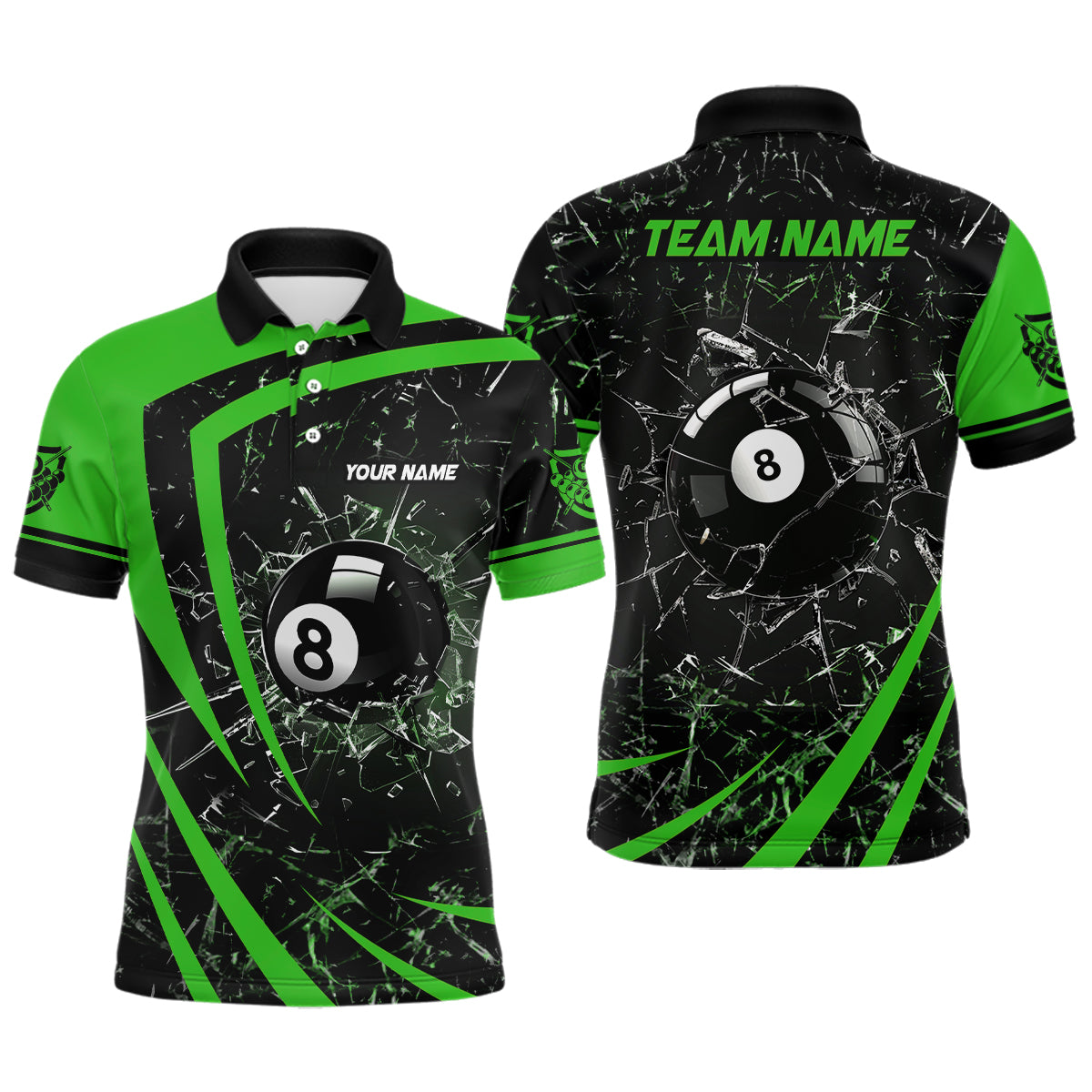 Personalized Green Glass Break 8 Ball Billiard 3D Polo Shirts For Men, Custom 8 Ball Pool Jerseys VHM1154