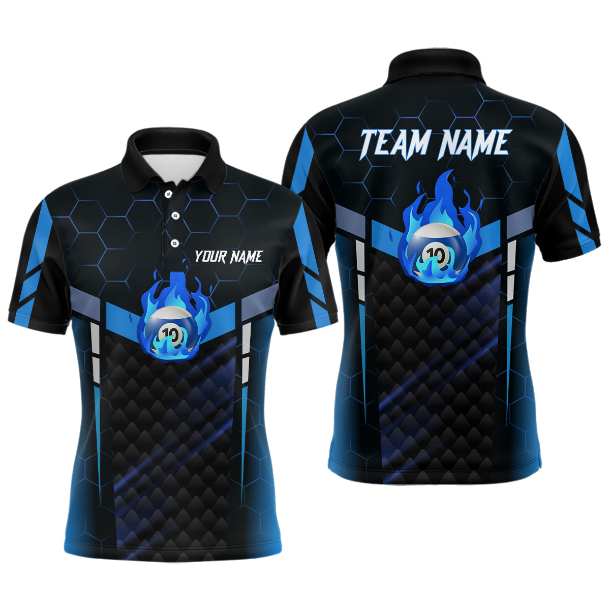 Personalized Blue Fire 10 Ball Billiard 3D Polo Shirts For Men, Custom 10 Ball Pool Team Jerseys VHM1022