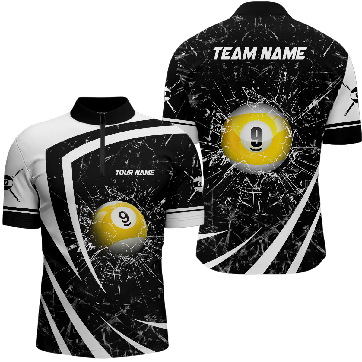 Personalized White Black Glass Break 9 Ball Pool Quarter Zip Shirts For Men 9 Ball Pool Team Shirts VHM1168
