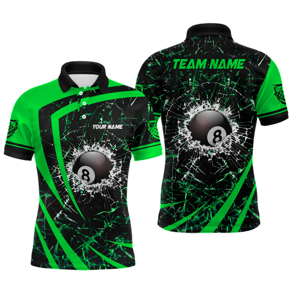 Personalized Green Glass Break 8 Ball Billiard 3D Polo Shirts For Men, Custom 8 Ball Pool Jerseys VHM0974