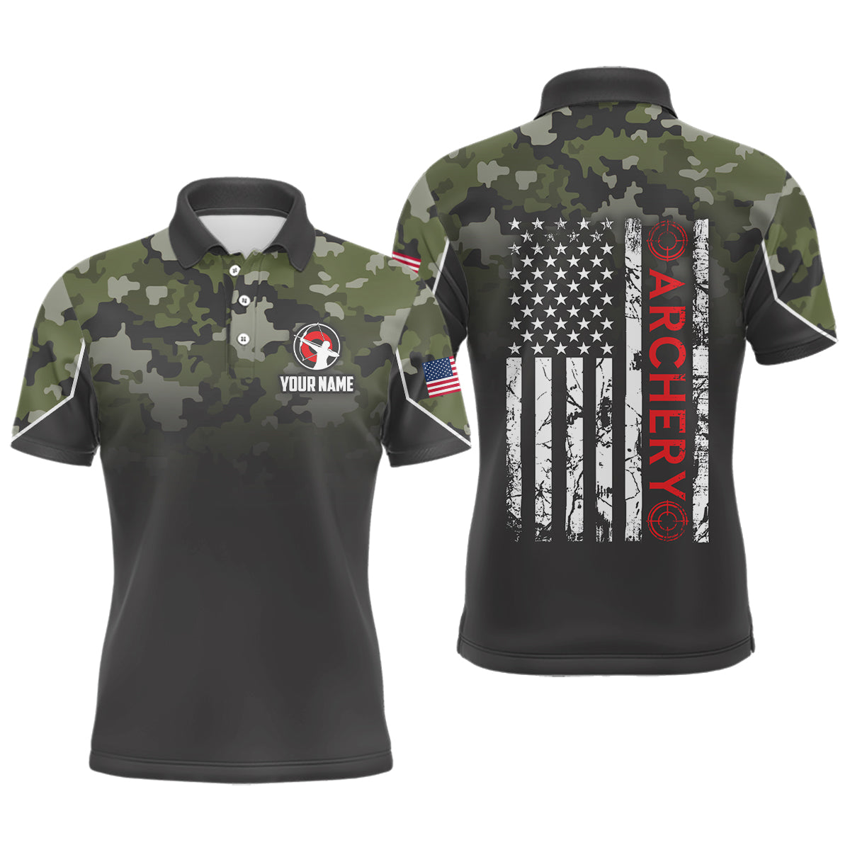 Personalized Green Camouflage Archery Polo Shirts For Men Custom Grunge US Flag Archery Shirts VHM0737
