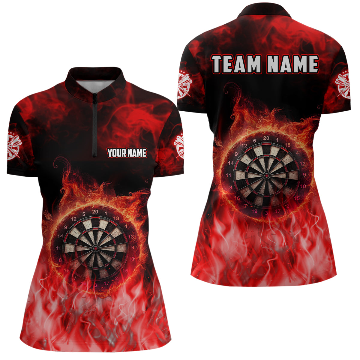 Personalized Flame Red Dart Quarter-Zip Shirts For Women, Dart Team Jerseys Custom Womens Dart Shirts VHM1084