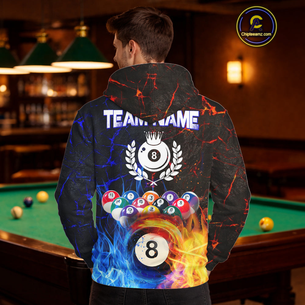 Custom Blue And Orange Flame 8 Ball Billiard Hoodie For Men And Women Custom Hoodie Pool Team Jersey TDM0571