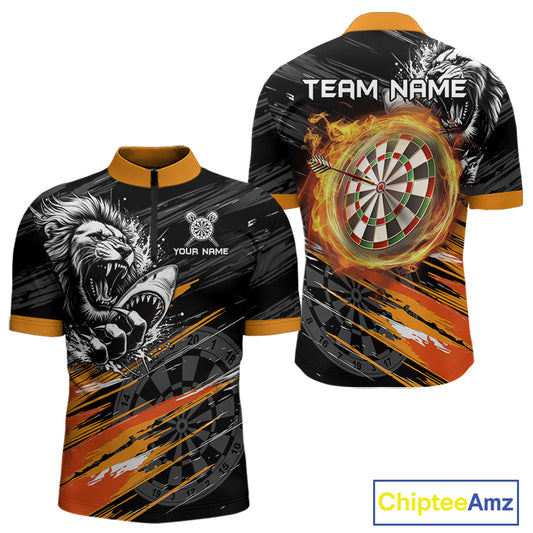 Orange And Black Grunge Lion And Shark Dart Shirts Custom Men's Dart Jersey Polo & Quarter Zip TDM3847