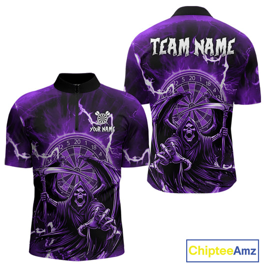 Purple Grim Reaper Lightning 3D Darts Shirt For Men Custom Darts Jersey Team Polo & 1/4 Zip TDM4952