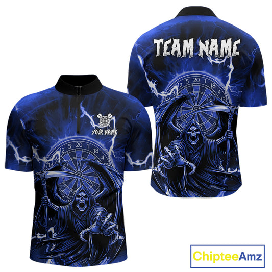 Blue Grim Reaper Lightning 3D Darts Shirt For Men Custom Darts Jersey Team Polo & 1/4 Zip TDM4954