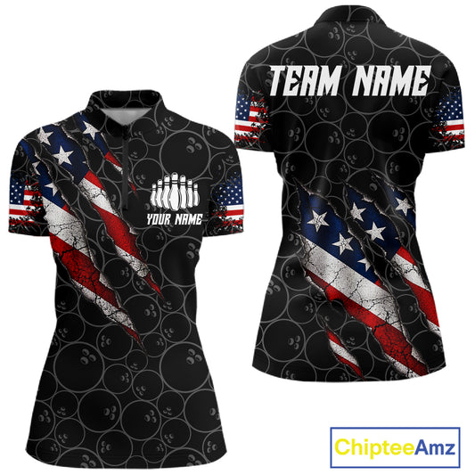 Custom Black Grunge American Flag Bowling Shirt For Women, Patriotic Bowling League Team Jersey TDM7795