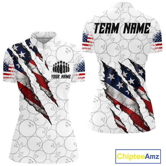 Custom White Grunge American Flag Bowling Shirt For Women, Patriotic Bowling League Team Jersey TDM7796