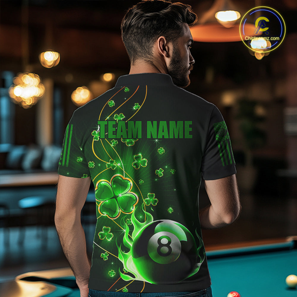 Green 8 Ball Fire Luckiest Shamrock Men Billiard Shirt Custom St Patrick Day Billiard Team Jerseys TDM3389