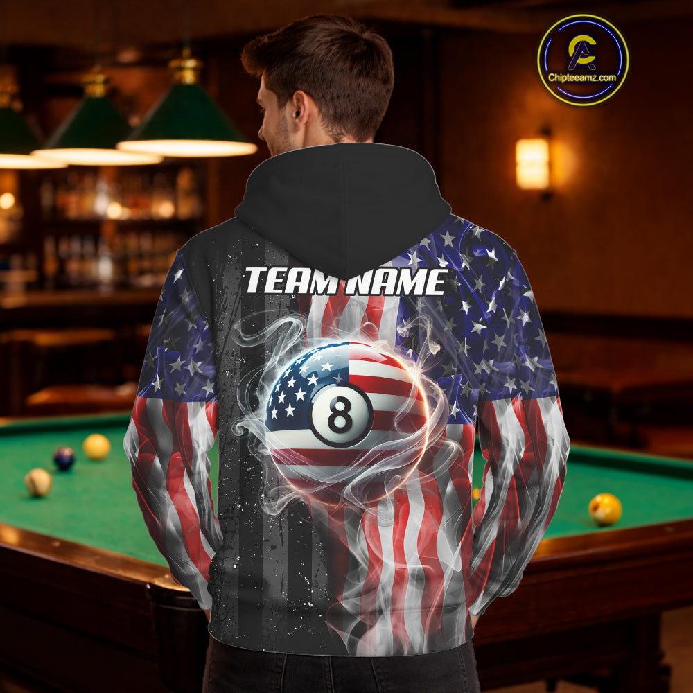 Personalized American Flag Smoke Billiard Hoodie Custom Patriotic 8 Ball Hoodie Pool Team Jersey TDM5679