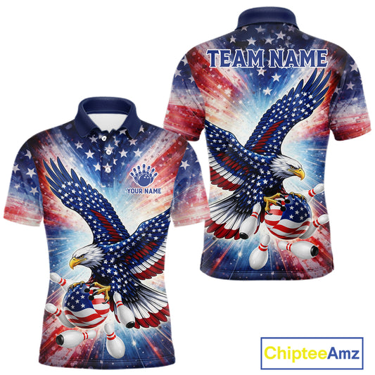 American Flag Eagle Bowling Polo & 1/4 Zip Shirts For Men Custom Patriotic Bowling Team Jersey TDM6284