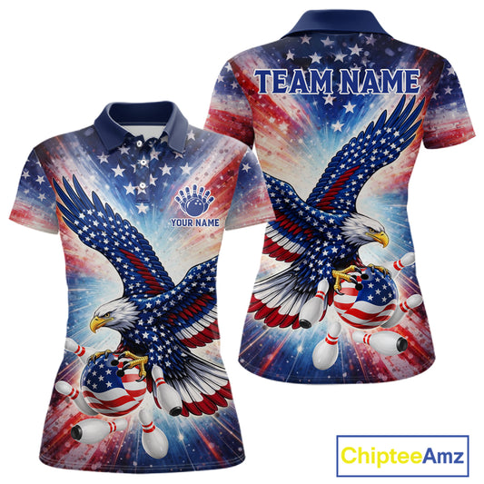 American Flag Eagle Bowling Polo & 1/4 Zip Shirts For Women Custom Patriotic Bowling Team Jersey TDM6284