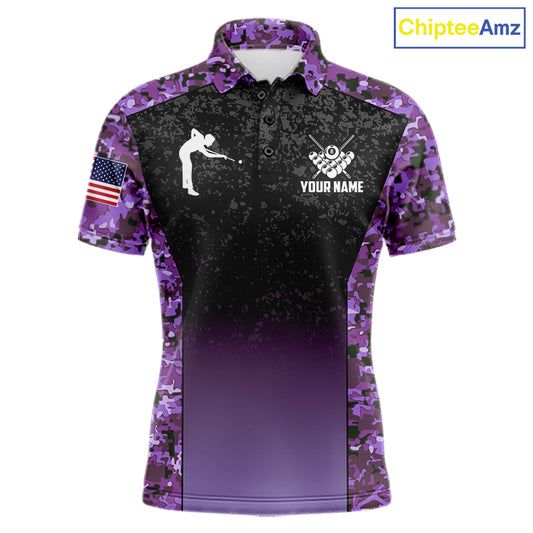Custom Purple Camo US Flag 8 Ball Pool Shirt For Men, Billiard Team Jersey Polo & 1/4 Zip TDM7805