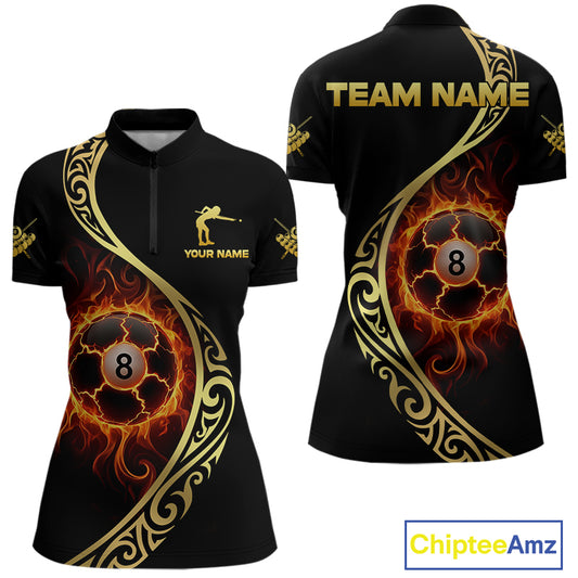 Personalized 8 Ball Fire Gold Tribal Billiard Shirt For Women, Billiard Jersey Team Polo & 1/4 Zip TDM5401