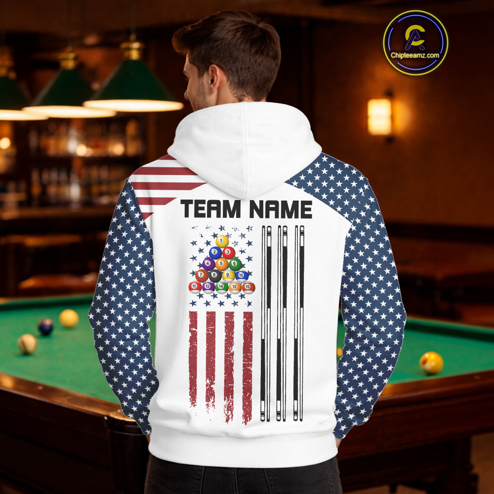 White Grunge American Flag Billiard Hoodie Custom Patriotic 8 Ball Hoodie Pool Team Jersey TDM5687
