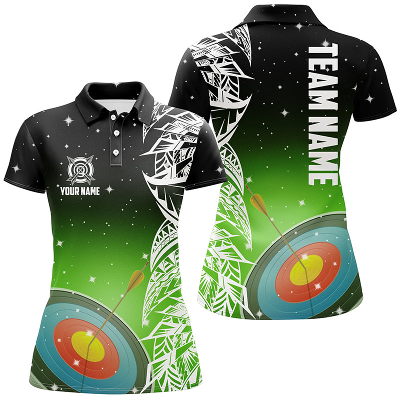 Personalized 3D Target Archery Green Galaxy Pattern Women Polo Shirts, Team League Archery Jerseys TDM1086