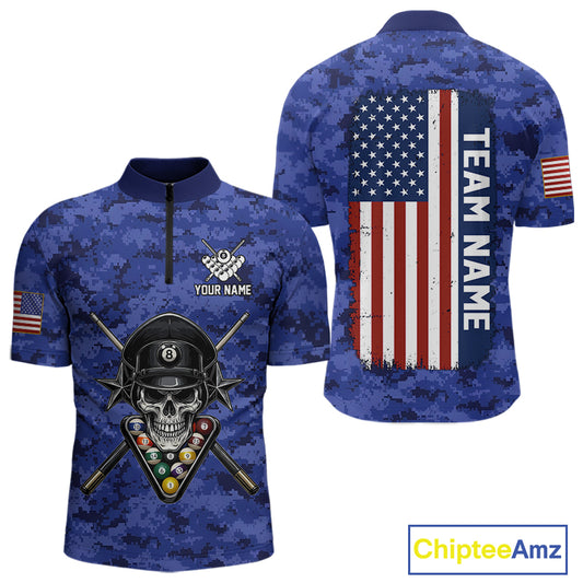 Personalized Blue Camo Skull Billiard Shirt For Men Custom Patriotic US Flag Pool Team Jersey TDM5166