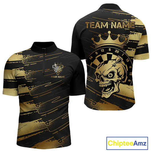 Black And Gold Funny Skull Crown Darts Shirt For Men Custom Dart Jerseys Team Polo & Quarter Zip TDM5168