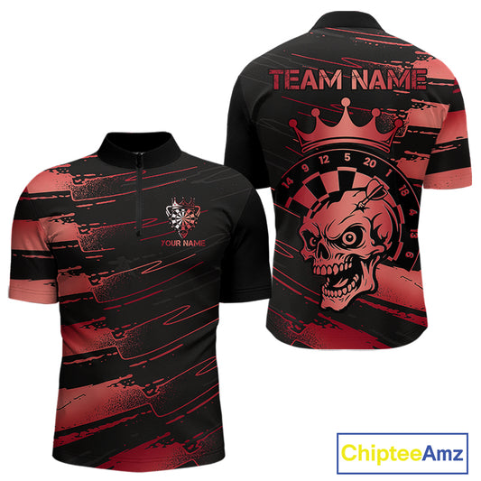 Black And Red Funny Skull Crown Darts Shirt For Men Custom Dart Jerseys Team Polo & Quarter Zip TDM5169