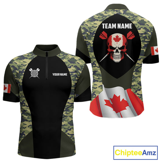 Canada Waving Flag Skull Green Camo Custom Dart Shirts For Men, Patriotic Dart Team Jerseys TDM4165